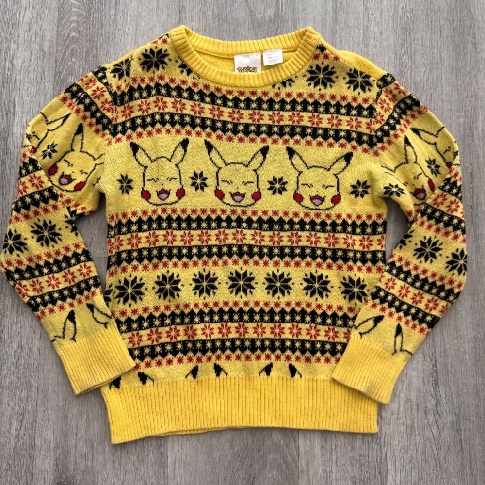 Pokemon Pikachu Holiday Sweater Kids Small Yellow Fair Isle Snowflake Knit